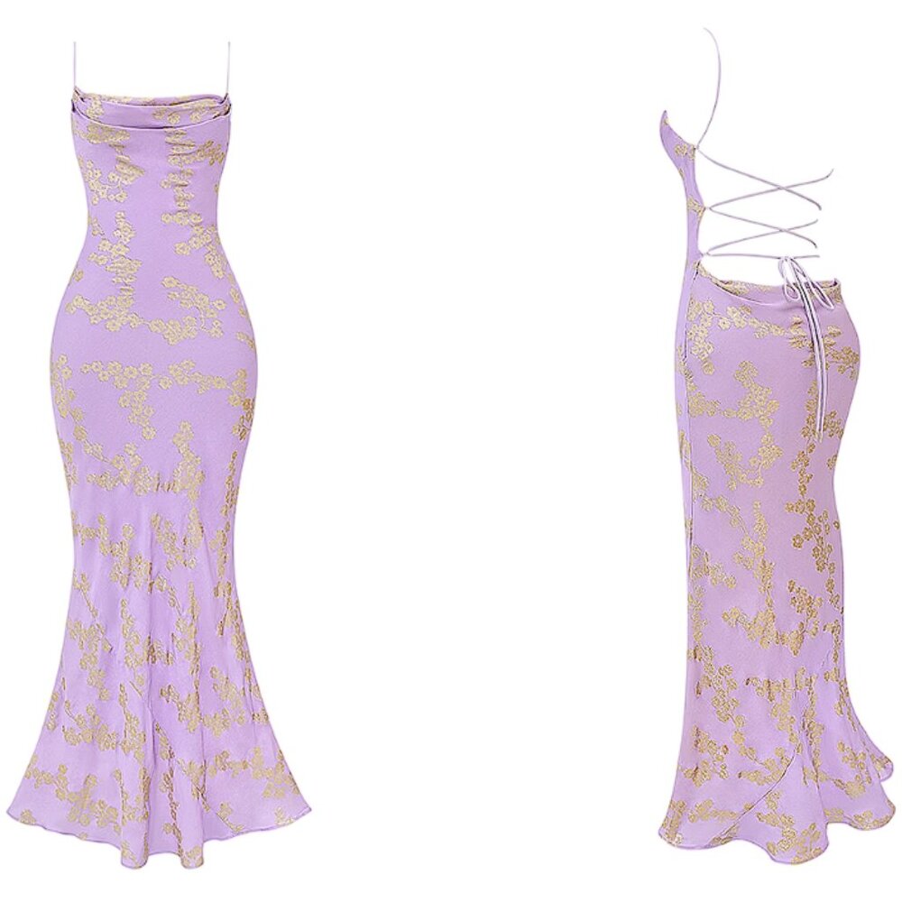 HOUSE OF CB 'Capriana' Orchid Jacquard Satin Gown NWOT - Picture 6 of 10